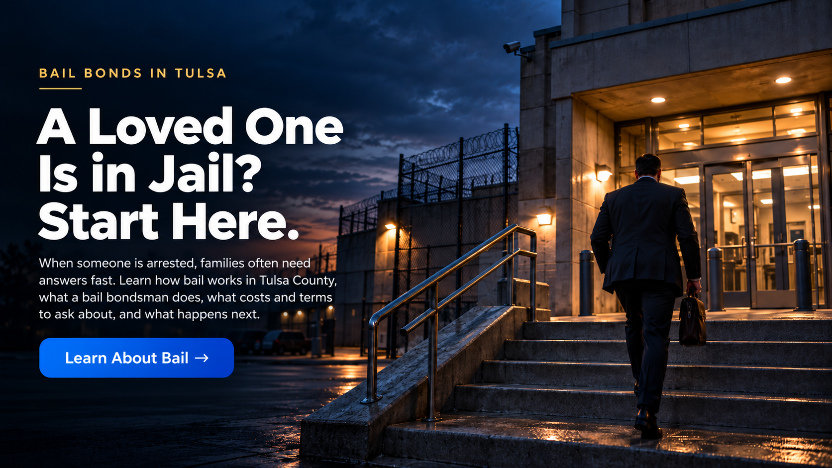 Bail bondsman walking into a county jail at night to help with the bail process in Tulsa.